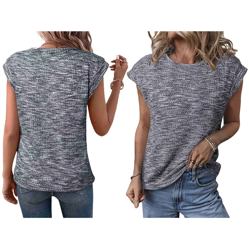 

A83F-летние топы для женщин, повседневные рубашки с круглым вырезом, вафельные вязаные рубашки с короткими рукавами, свободные блузки, топ