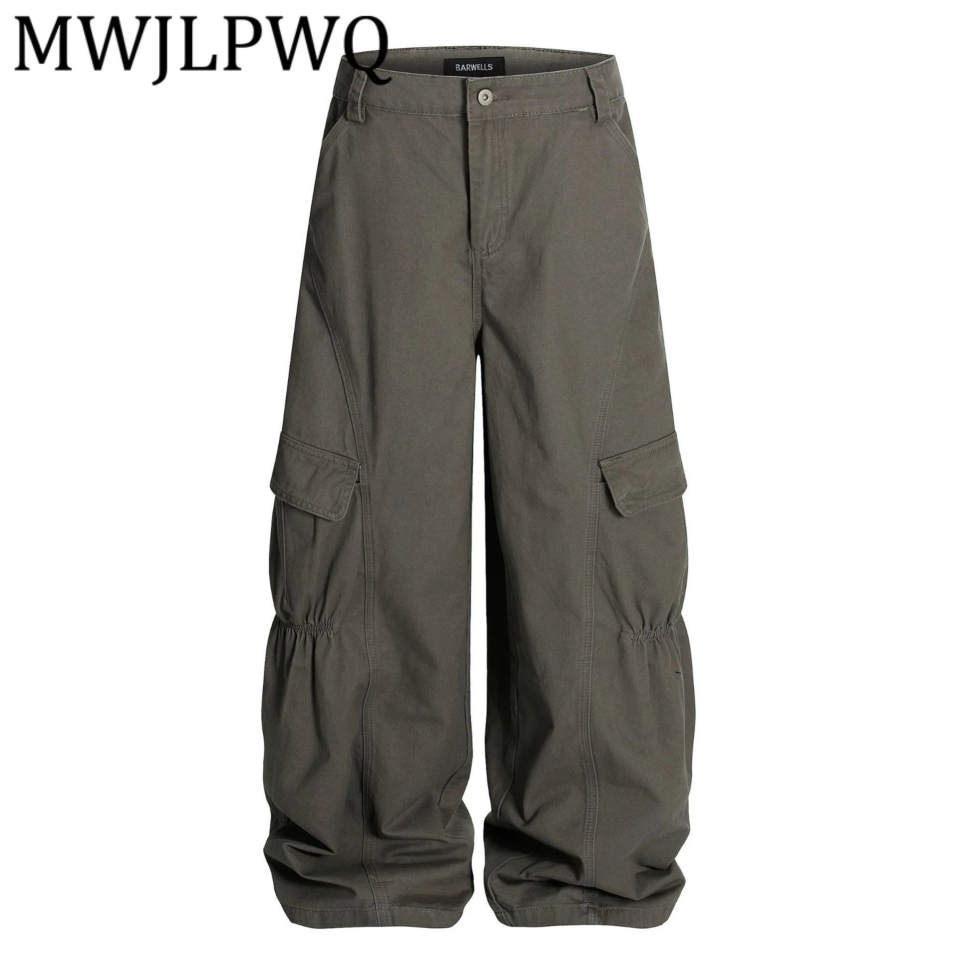 

MWJLPWQ модные 2021, осень-весна, плиссированные брюки-карго в американском стиле, мужские свободные широкие брюки с карманами для улицы 21448