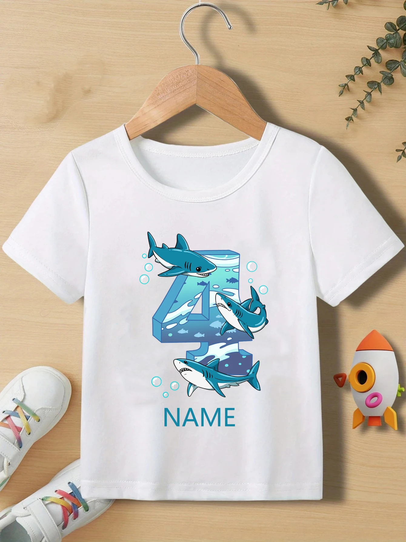 Customized Name Boys T-Shirt 4.5.6 Year Old Ocean Creature Great White Shark Birthday Number Print Kids O-Neck Tshirt Clothes