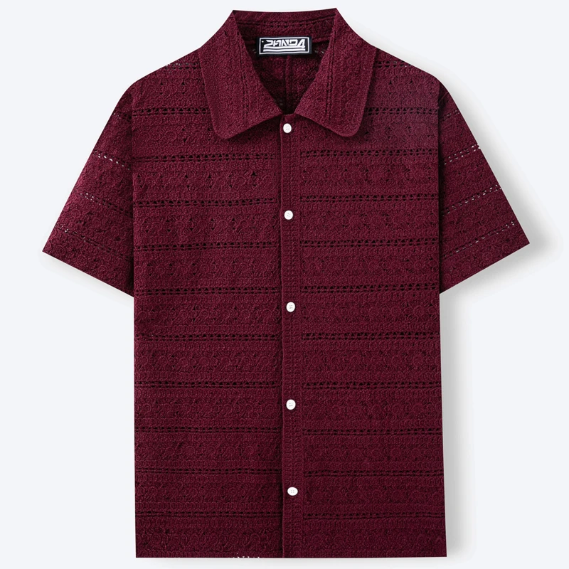 New Fashion Mens Tops Summer Wine Red Hollow Out Cardigan Polo Shirt Lapel Casual Vacation Knitted T-shirts Streetwear SY0221