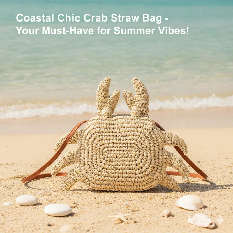 

Novelty 3D White Crab Handmade Straw Woven Mini Crossbody Bag Lightweight For Summer Beach Travel Vacation For Women Students