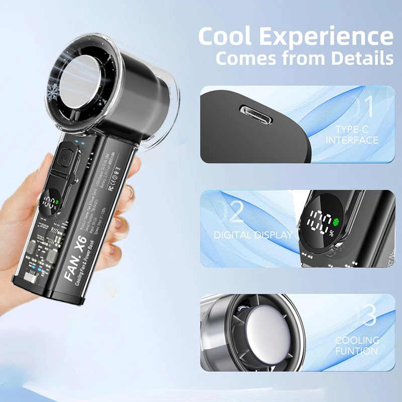 مروحة ثلج 4500 مللي أمبير في الساعة عالية السرعة تبريد محمولة USB قابلة للشحن شاشة ديجيتال LED مروحة صغيرة مروحة ضغط الجليد قوة البنك