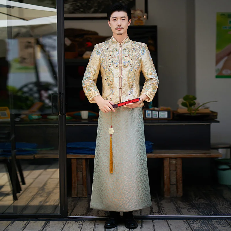 

Yourqipao Champagne Men's Xiuhe Clothing 2023 New Gold Chinese Tang Suit Male Wedding Dress Groom Reception Sets Toast Clothes