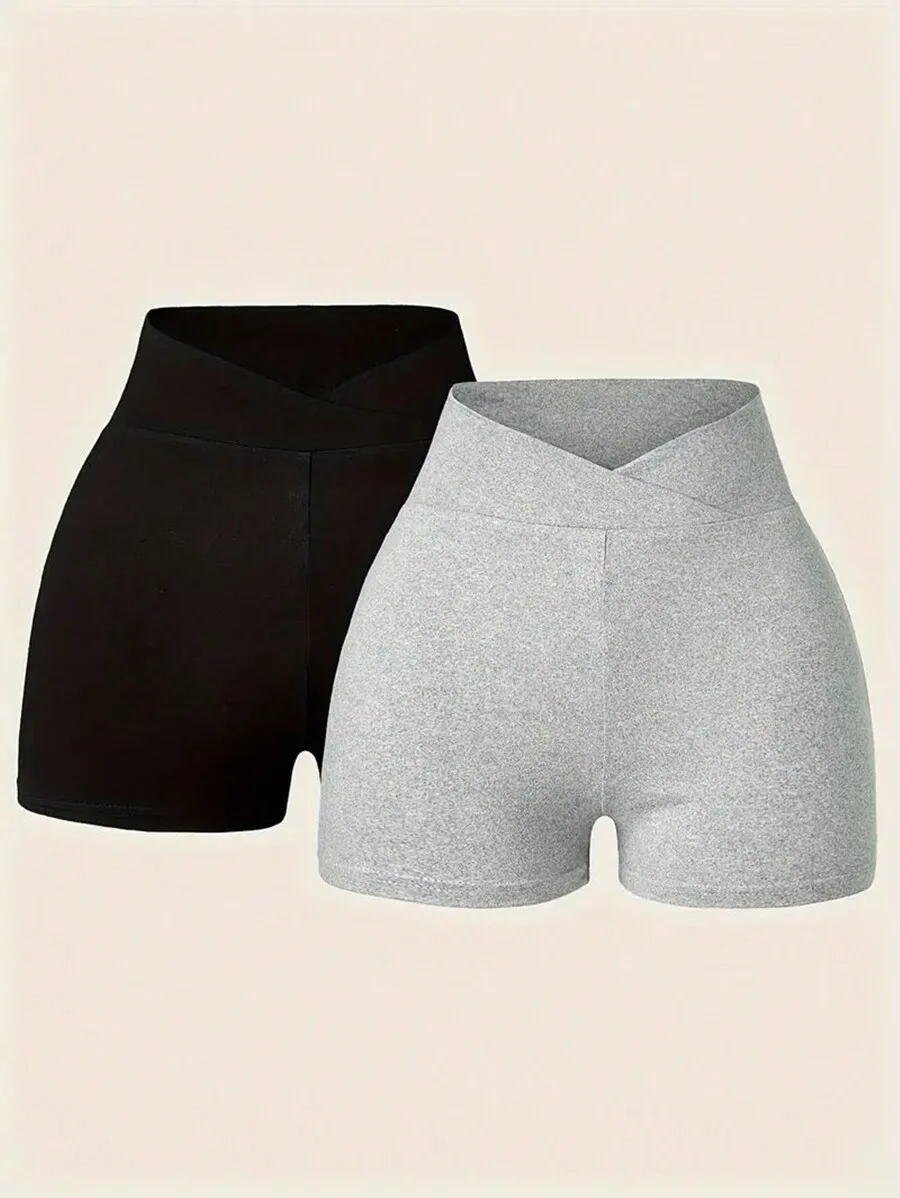 

Women Casual Solid Color Overlap Waist Fitted Shorts Summer