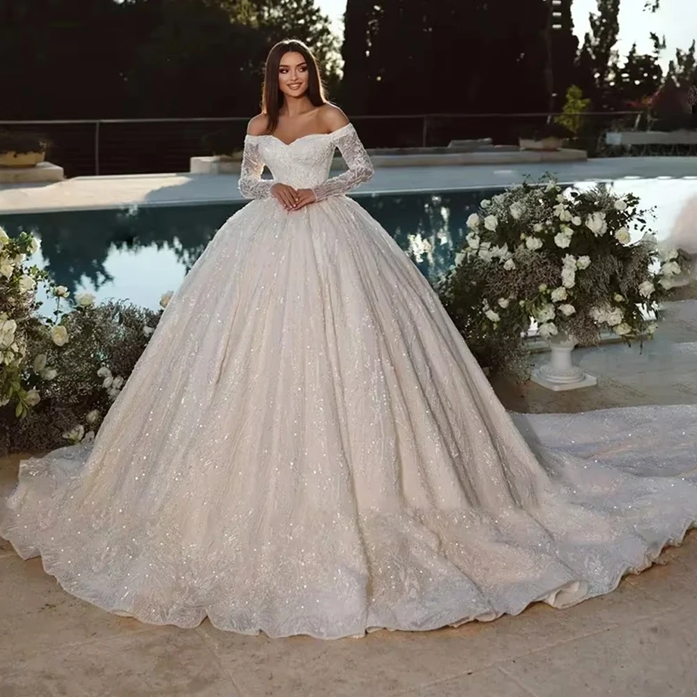 Customized Romantic Wedding Dress For Woman Bride Lace Beading Embroidery Appliques Full Sleeves Off The Shoulder  Bridal Gown