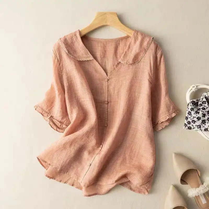 

Solid Color Lapel Cotton Linen Short-sleeved Shirt for Women in Summer Loose Slim Linen Top