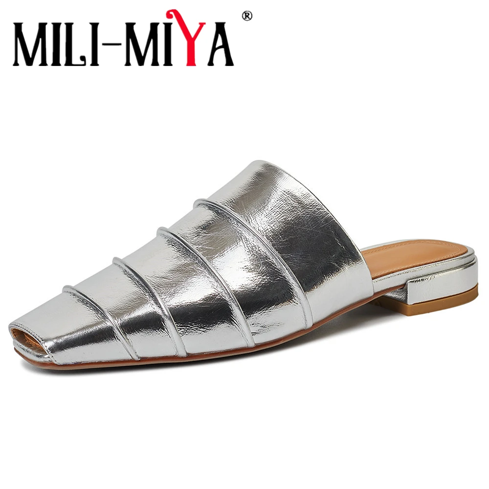 

MILI-MIYA Women's Square-Toe Leather Slip-On Casual High Heels Solid-Color Square-Toe Open-Back Pumps Handmade For Ladies