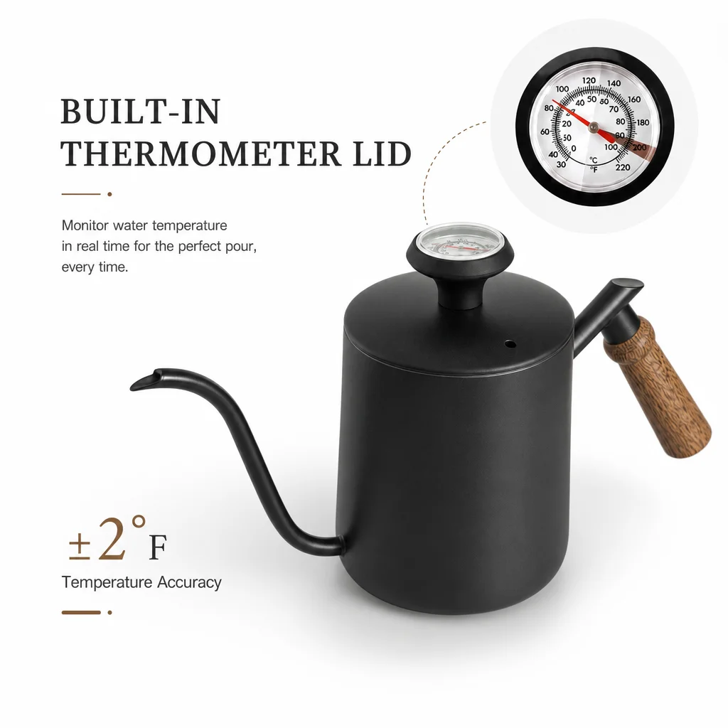 600ml 304 Stainless Steel Gooseneck Coffee Kettle Wooden Handle Pour Over Drip Pot With/Without Thermometer Hand Brew Pot