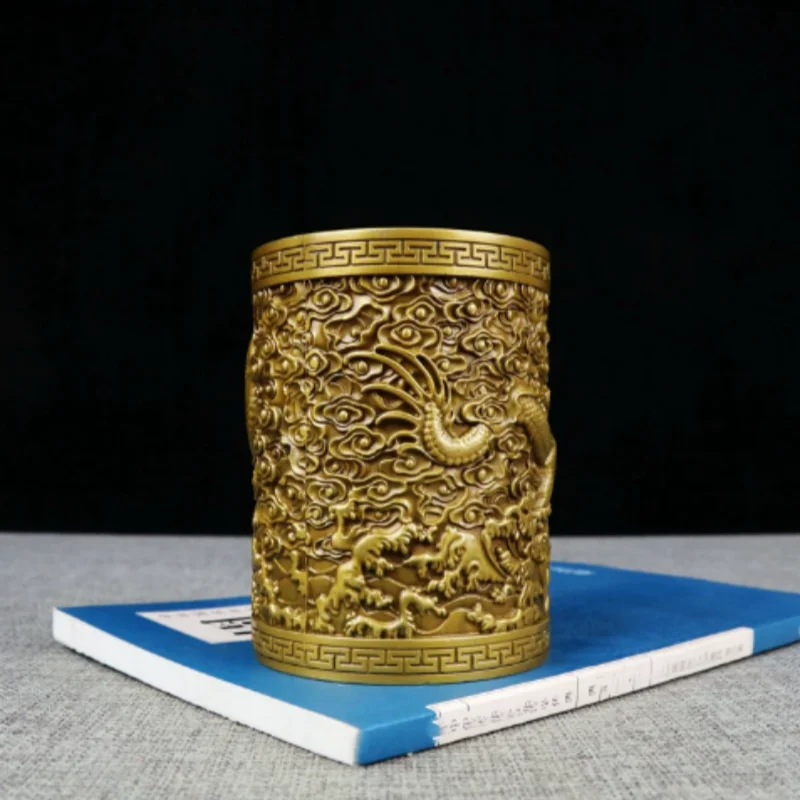Antique Bronze Zodiac Dragon Pen Holder - Auspicious Beast Relief Desktop Ornament, Scholarly Stationery Craft