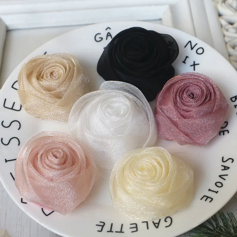 5PCS 6.5CM/4.5CM Handmade Organza Chiffon Fabric DIY Rose Flower Headwear Hat Dress Clothes Decoration Hair Accessories