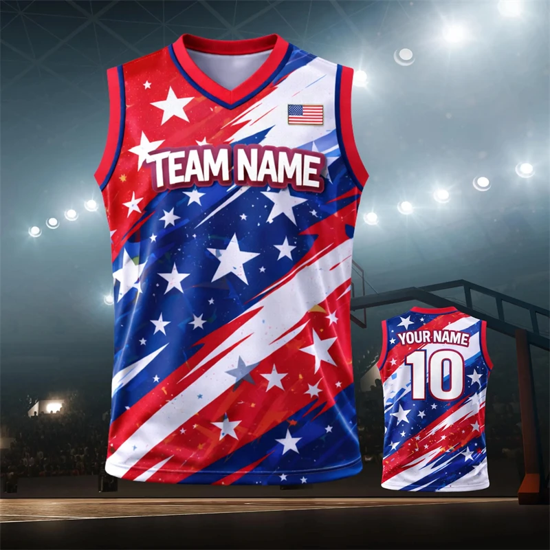 American Flag Logo Customized Name Number Striped Design V-neck Basketball Vest Outdoor Sport Breathable Tank Top Personality