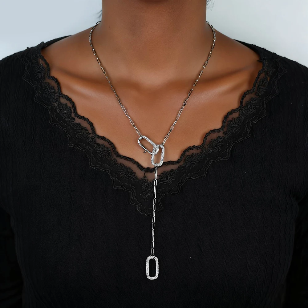 Fashion Square Long Y Lariat Necklace Bling Cubic Zirconia For Women Classic Trendy Sweater Chain Party Jewelry