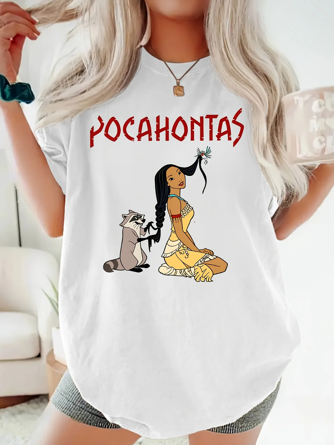 تي شيرت نسائي بنمط ديزني ريترو بوكاهونتاس من القطن بأكمام قصيرة للجنسين ملابس الشارع كبيرة الحجم فضفاضة كاجوال أنيقة