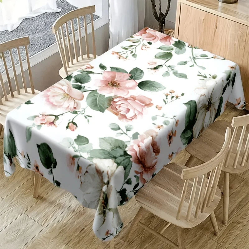 Vintage Peony Flower Tablecloth, Soft Pink Bloom Waterproof Table Cover for Dinner Table, Holiday Gathering, Indoor Decor