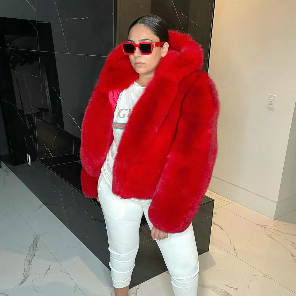 BFFUR Women Winter New Real Fox Fur Jacket Hooded Fashion Red Color Thick Fox Fur Jacket With Hood Thick Warm Fur Coats Outwear