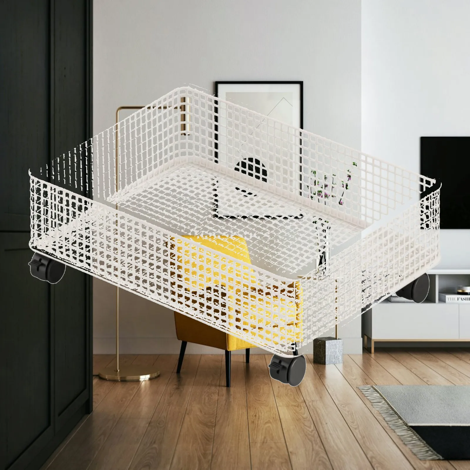 Ventilated Rolling Storage Basket with Smooth Caster Wheels for Under Bed Use and Narrow Indoor Space Saving Solution