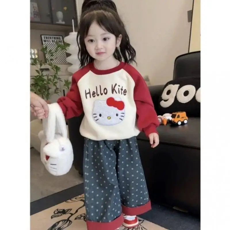 Lente Winter Kind Afdrukken Kleur Bijpassende Hoodie Broek Pak Kawaii Cartoon Kt Kat Veelzijdige Tops Lange Mouwen Sweatshirt Jeans