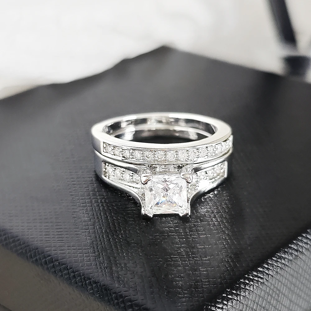 Moonso Silver Color Bride Wedding Engagement Ring Sets for Women Bridal Moonso Product Fashion Finger Wholesale Jewelry R4880ac