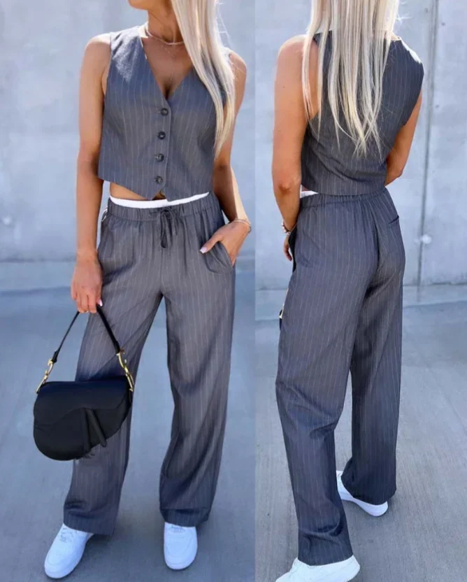 CPSYMYM 두 조각 세트 여성 복장 봄 줄무늬 v 넥 민소매 두꺼운 스트랩 탱크 묶인 세부 작업 스트레이트 바지 세트