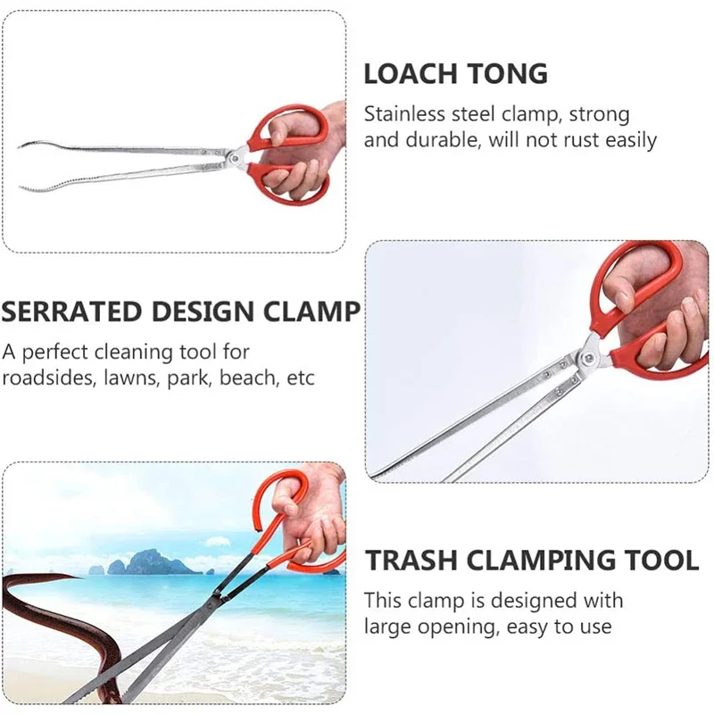 Multi-function Stainless Steel Tongs Red Handle Anti-slip Tooth Clamp of Outdoor Sea Crab Ricefield Eel Fishing Catch Tool