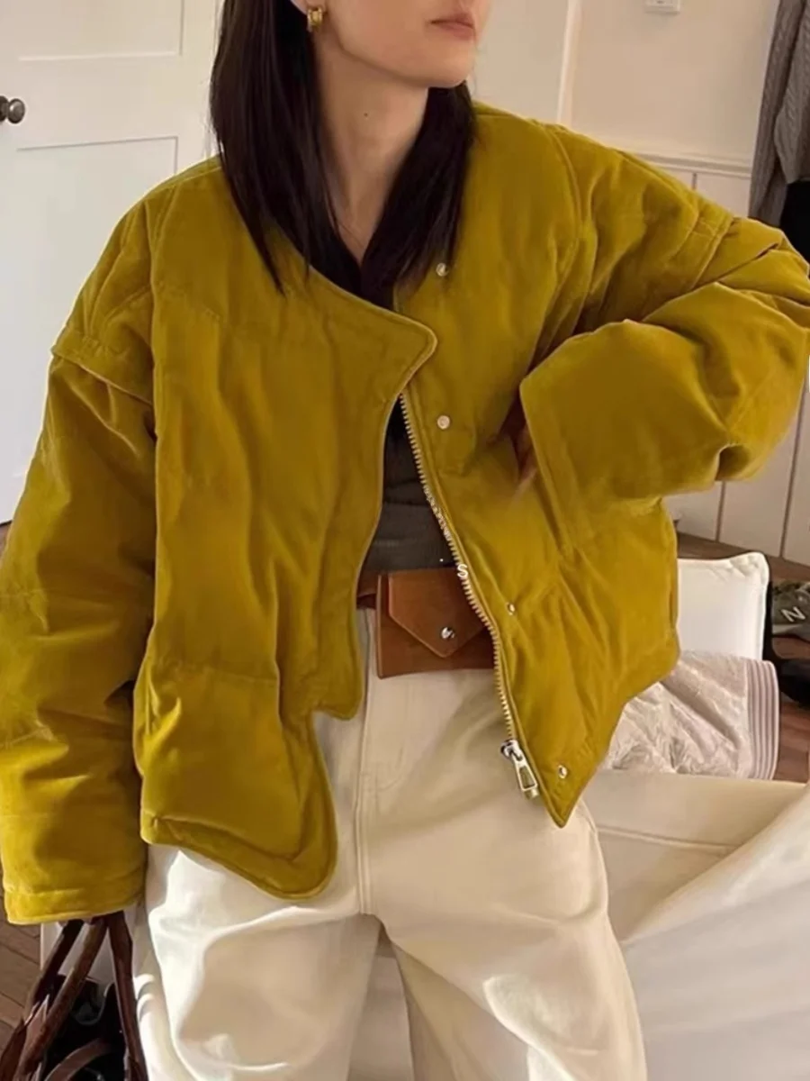 

Short Puffer Jacket Women's Gold Velvet Duck down Coat round Neck Winter New Style Rouje Kefss Long Sleeve for All Body Types