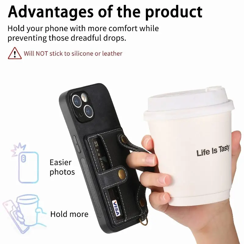 The Back Wrist Strap Leather Wallet Card Phone Case For iPhone 15 14 Plus 13 12 11 Pro XR X XS Max SE 8 7 6 Plus Phone Cover