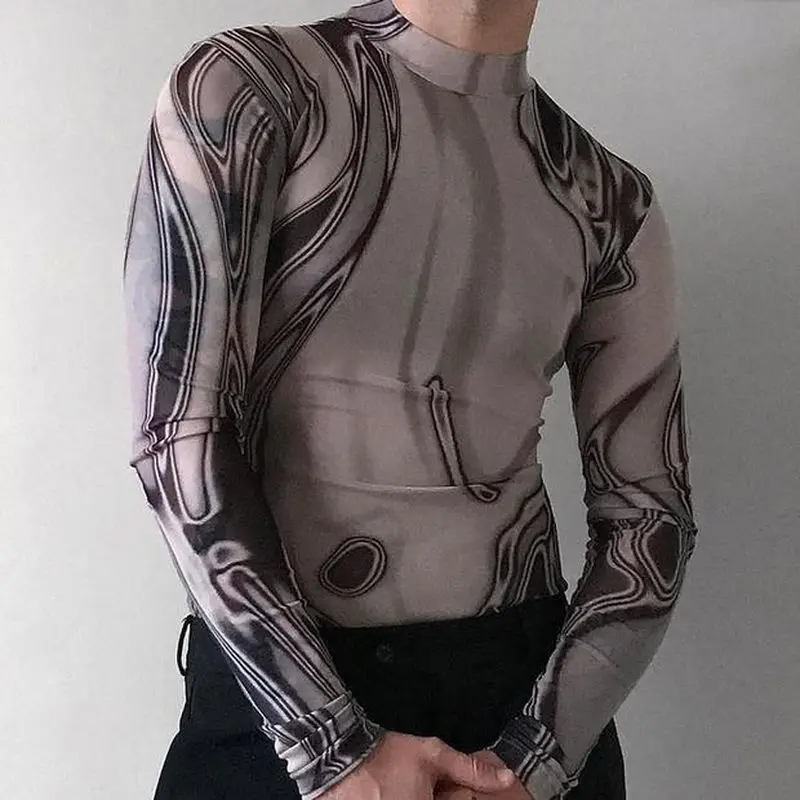 

New Skinny Sexy Men's Bottom Shirt Fashion Trend Versatile Printed Slim Top Turtleneck T-Shirt Bottom