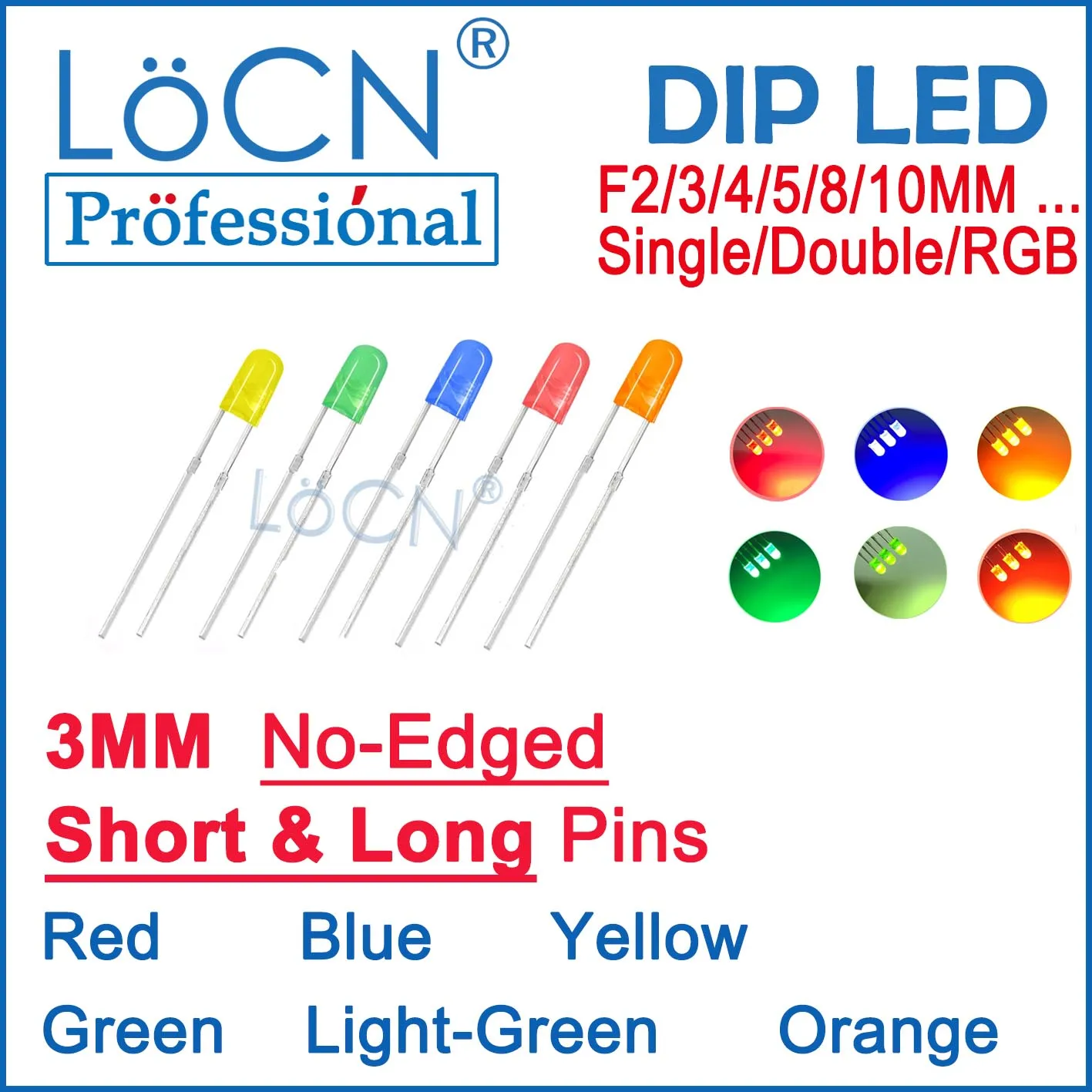 LoCN 1000pcs DIP LED Diodes 3MM F3 No Edged Red Blue Yellow Light Green Orange Short & Long Pins Show Colors Super Bright
