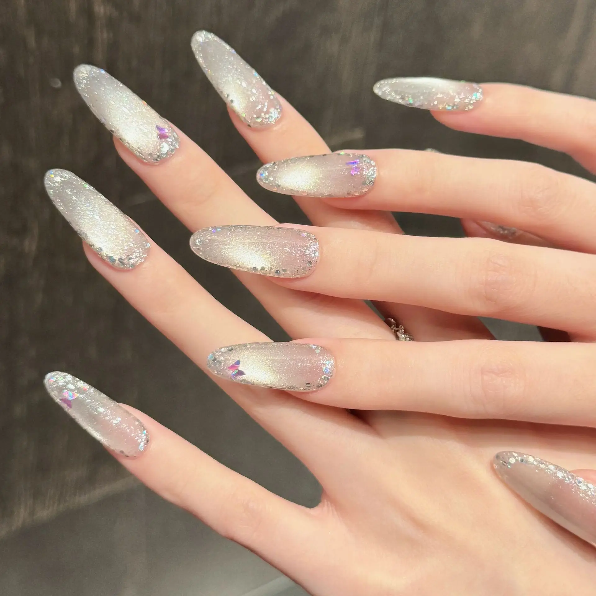 10pcs Glitter Cat's Eye Handmade Press on Nails Tips Simple White Mid-length Oval False Nail Art Butterfly Reusable Fake Nail