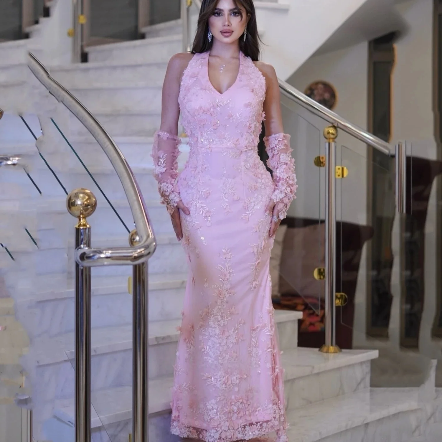 

Pink Halter Floral Long Bespoke Occasion Gown Evening Dresses Prom Pastrol Unisex Jersey Retro Dubai Saudi Arabic Customized