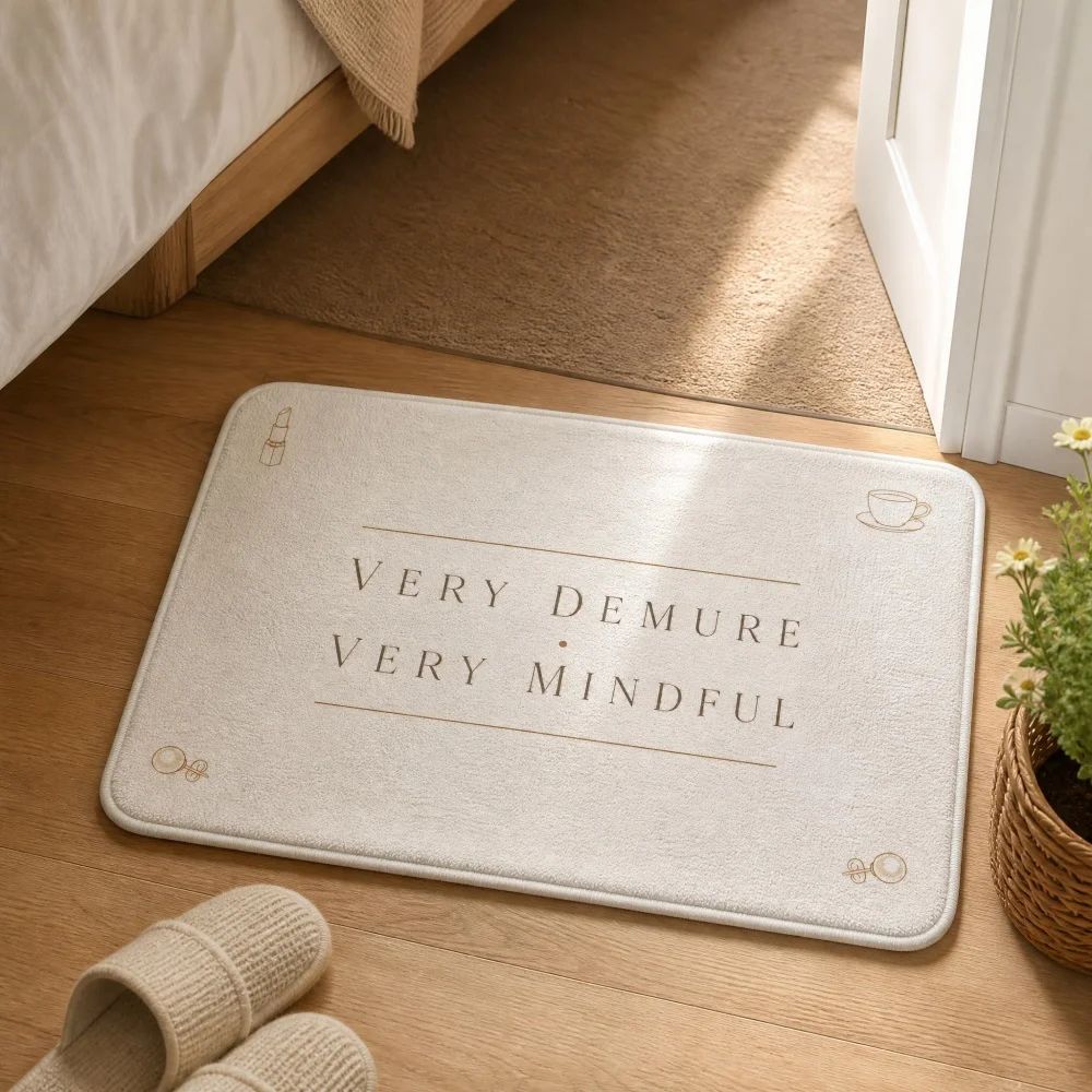 Alfombra de Terciopelo para Dormitorio, con Frase 'Very Demure Very Mindful', Antideslizante, para Entrada de Baño