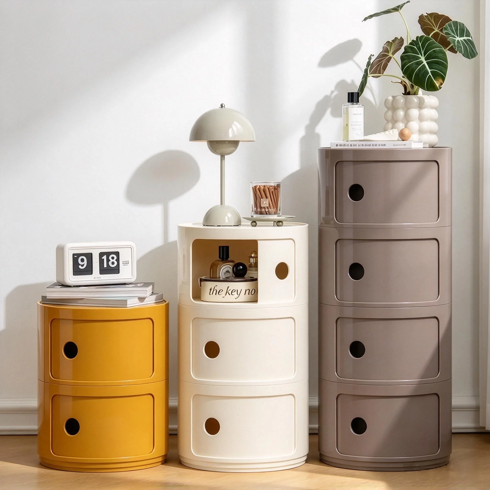 Nordic Style Round Small Bedside Table, Plastic End Side Table with Storage Cabinet for Bedroom Decor