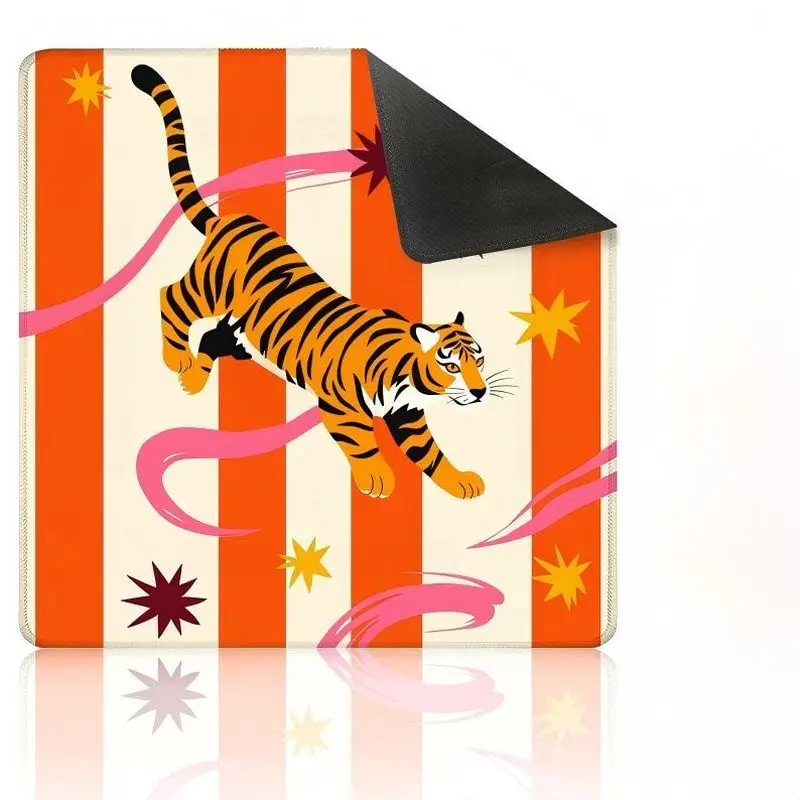 VIKAMA Cartoon Striped Tiger Mahjong Mat Non Slip Washable Soft Square Pad Noise Reduction For US Mahjong Indoor Party Game
