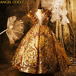 Luxury Flower Girl Dress For Weddings Gold Glitter Sequins Beauty Contest Ball Gown Girl Party Communion Dress Pageant Gown