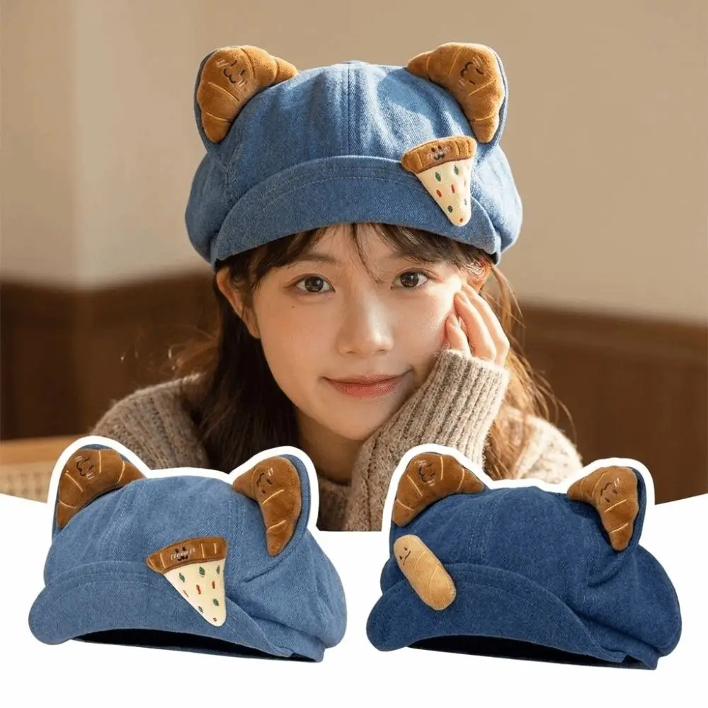 Denim Newsboy Beret Cap Croissant Cat Ear Large Head Circumference Octagonal Beret Hat Sweet Japanese Style Cat Ear Cap