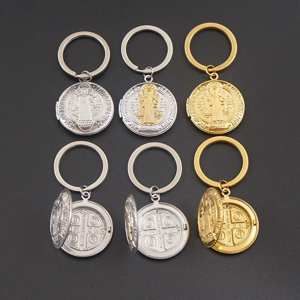 Stainless Steel San Benito Locket Keychain Gold/Silver Color Metal St Benito Cross Locket Photo Keyring Acero Inoxidable