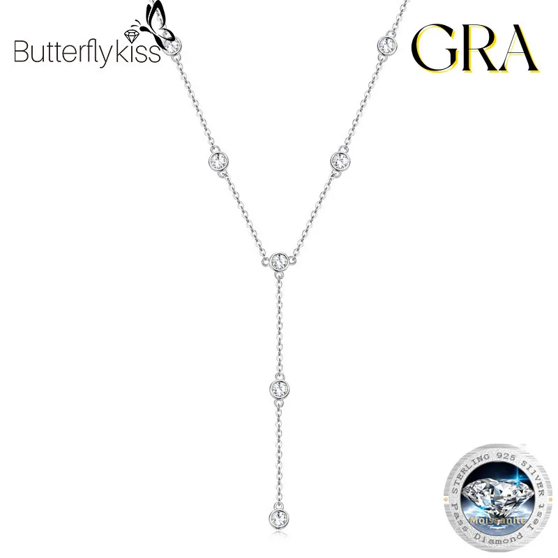 

Butterflykiss 3mm Moissanite YChain Necklace 925 Sterling Silver Gold Plated Long Tassel Pendant For Women Trendy Valentine Gift