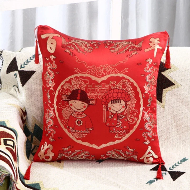 43x43cm Chinese Red Embroidery Throw Pillow New Year Wedding Engaged Sofa Gifts Bedding Brocade Pillows Tassel Decor Cushion