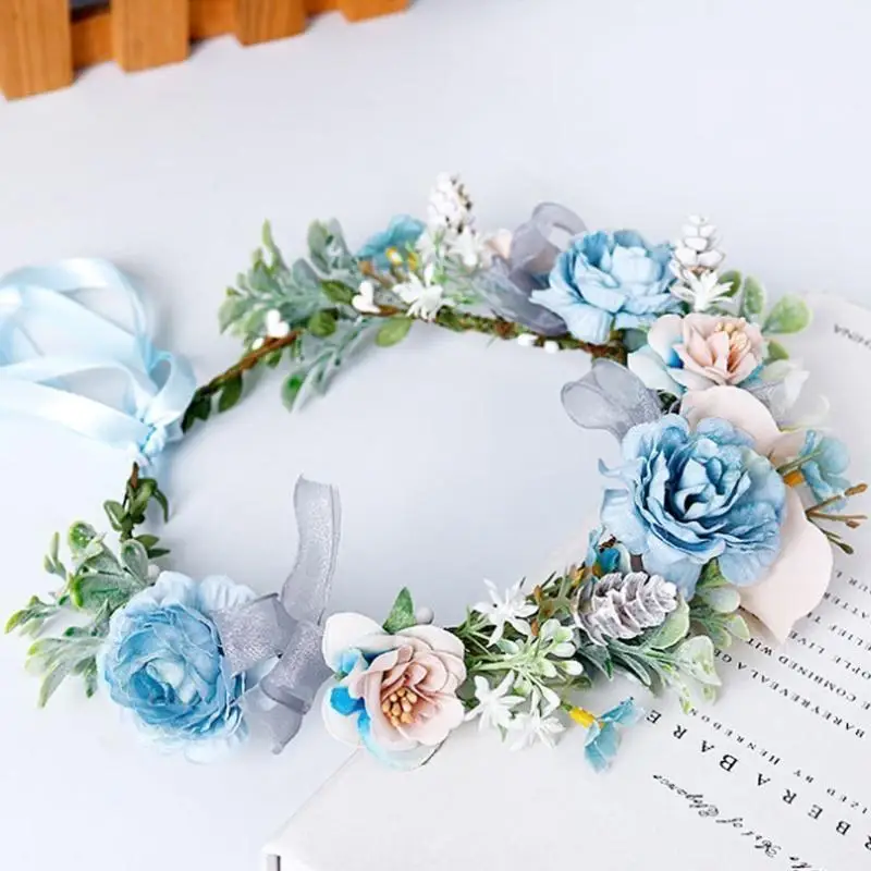 

Blue Flower Headband Hair Wreath Floral Garland Crown Headpiece with Ribbon