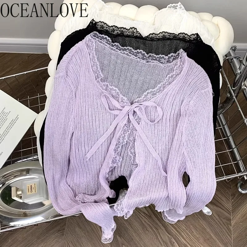 OCEANLOVE Thin Short Cardigans Solid Lace Ruffles Spring Summer Women Sweaters Transparent Korean Fashion Sweet Chaquetas