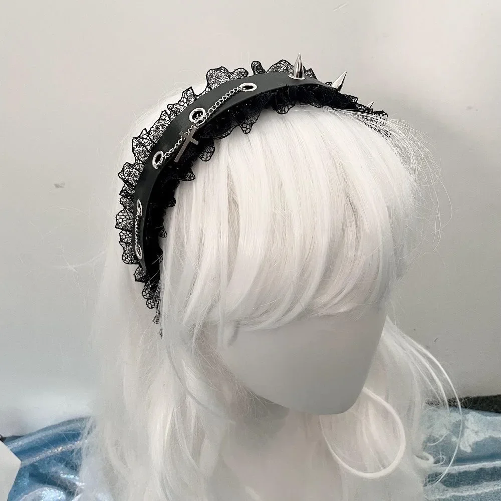 Y2K Women Girls Punk Lace Rivet Gothic Cross Chain Headband Hair Bands Headdress Lolita Cosplay Hair Hoop Hair Accessories