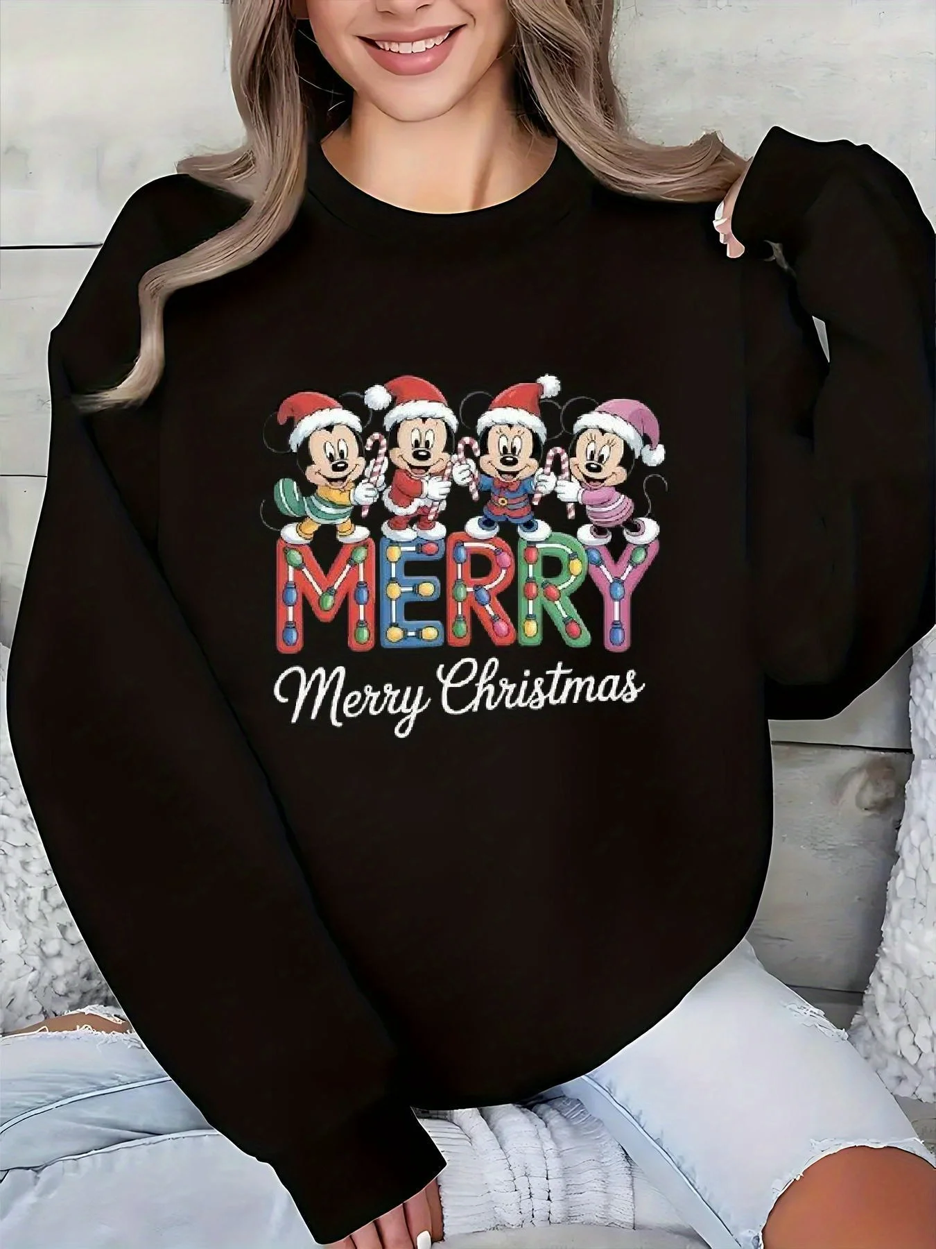 

Women's Disney Mickey Mouse Christmas Pullover Sweater Fashion Oversized Unisex Crew Neck Sweater Autumn Winter Fleece Casual
