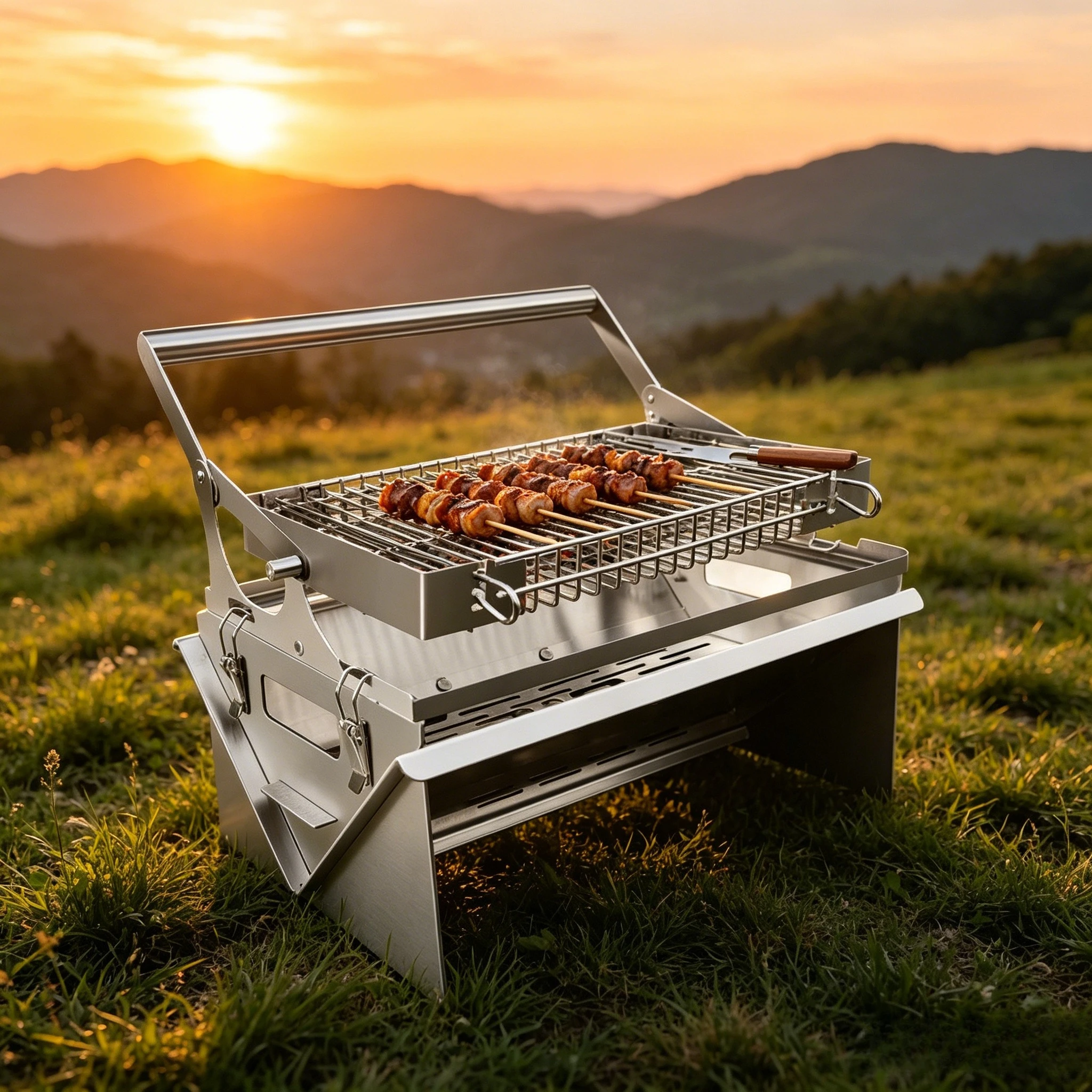 360° Rotating Outdoor Garden Metal BBQ Grill Stainless Steel Flipping Barbecue for Camping Picnics Beach Parties Folding Home