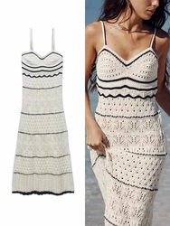 TRAFZA Women's Beach Style Crochet Wool Slim Halter Long Dress Fashion Elegant Mesh Sleeveless Spaghetti Strap Sexy Midi Dresses