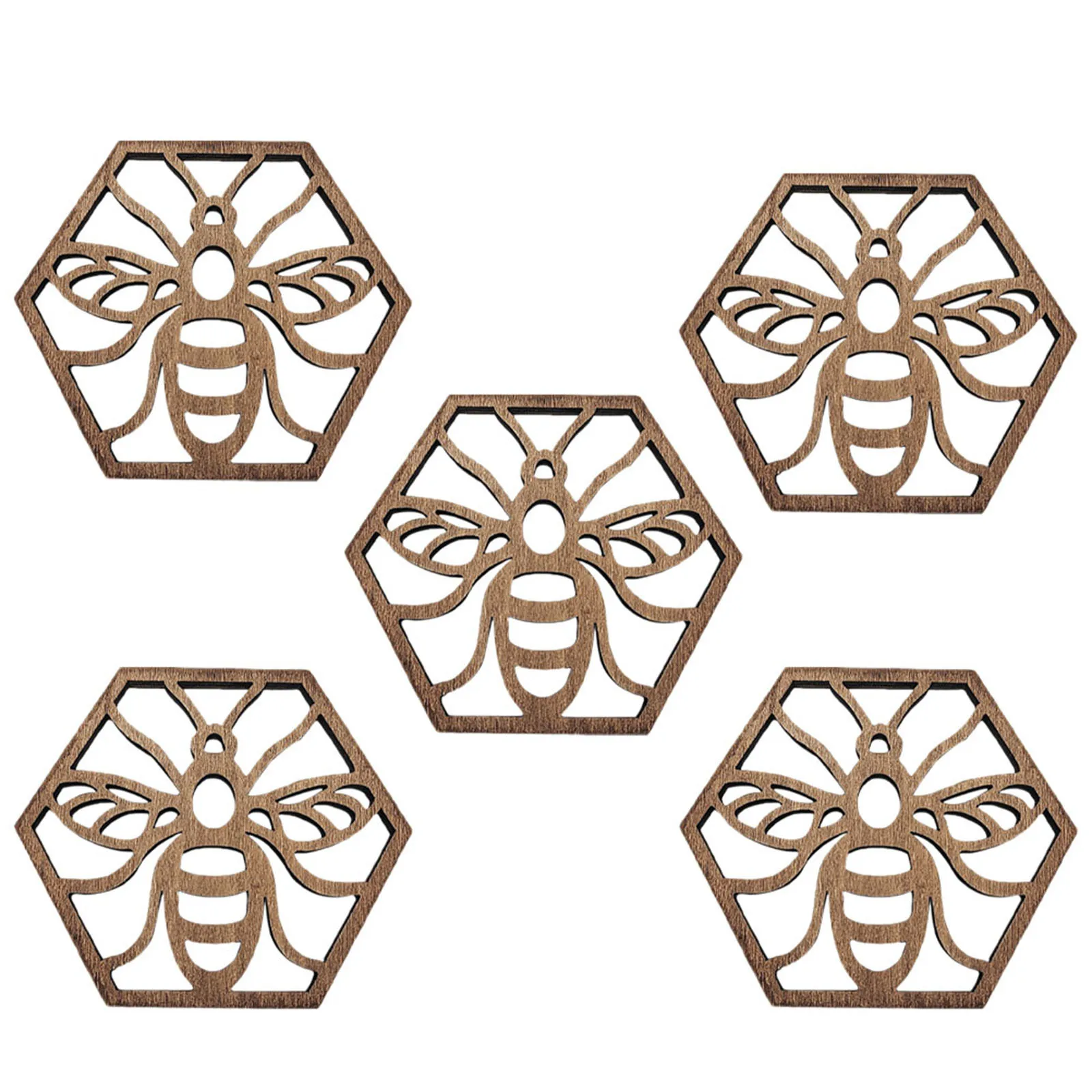 

5pcs Bee Decorated Wooden Coasters Premium Tableware Mats Mug Placemat Cup Cushion Home Kitchen Decoration Dining Supply