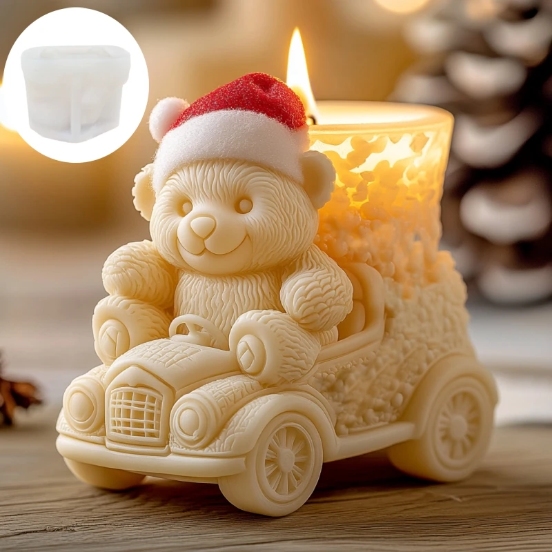 Cute teddy bear wear Christmas hat driving candle silicone mold sitting on Christmas car teddy bear resin mould gypsum molds