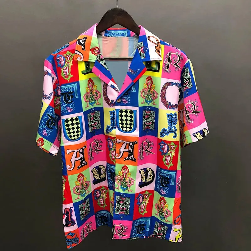 Men's Hawaiian beach shirt, retro colorful plaid print party dating street fashion shirt, casual hip-hop tropical vacation top,