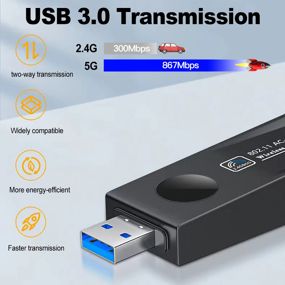 듀얼 밴드 2.4 와이파이 네트워크 카드, 무선 USB 동글 리시버, RTL8812CU, 2dbi 내장 안테나, 1200M USB3.0, 5G AC1200