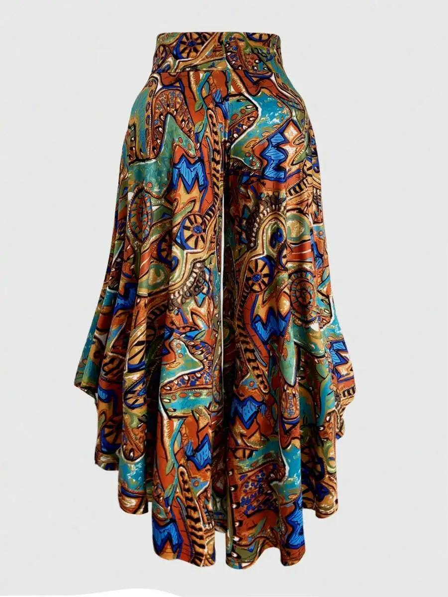 

Asymmetric Hem Wide Leg Pants With Abstract Pattern For Summer