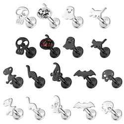ZS 1PC 16G Black Color Lip Stud Stainless Steel Lip Piercings Skull Ghost Head Skeleton Bat Cartilage Earrings for Halloween